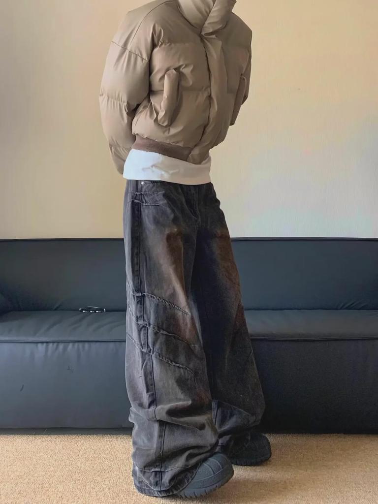 Унисекс американские ретро-рваные джинсы Heavyweight Wasteland: Плиссированные, прямые, модные свободные брюки в стиле хип-хоп с широкими штанинами