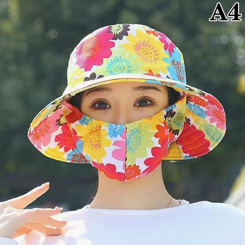 Summer Women Outdoor Print Fisherman Hat Uv Protection Wide Brim Garden Work Shade Hat Breathable Mask Integrated Cap