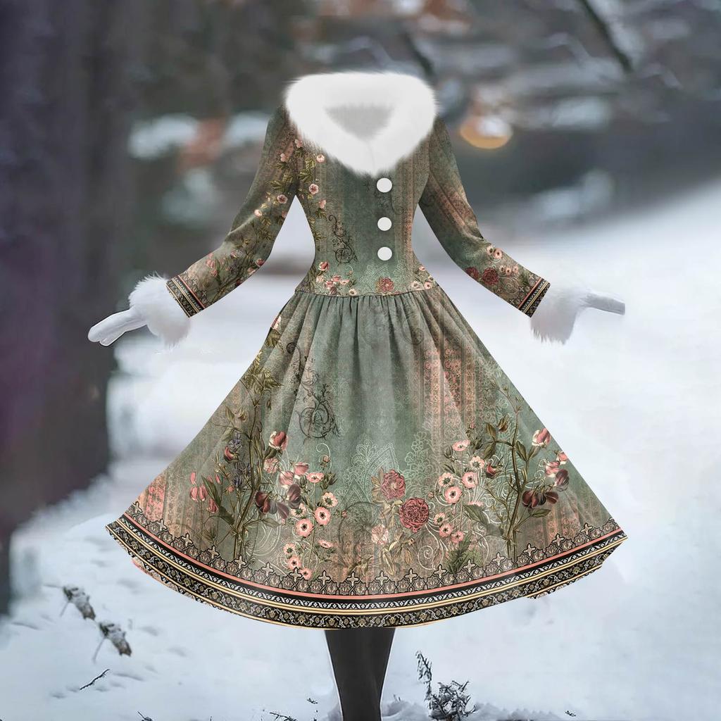 Women's Casual Dress Long-Sleeve V-Neck Patchwork Fleece Christmas Print Dress