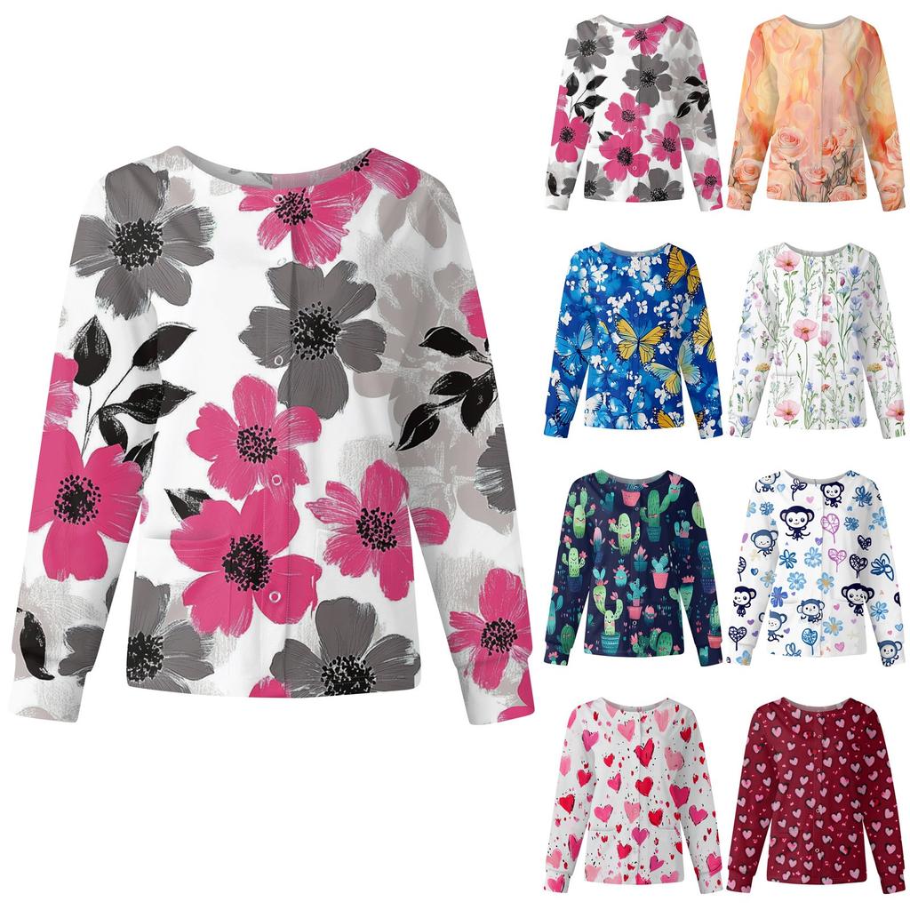 Женский повседневный однобортный однобортный защитная одежда с длинными рукавами и цветочным принтом, кардиган, топ