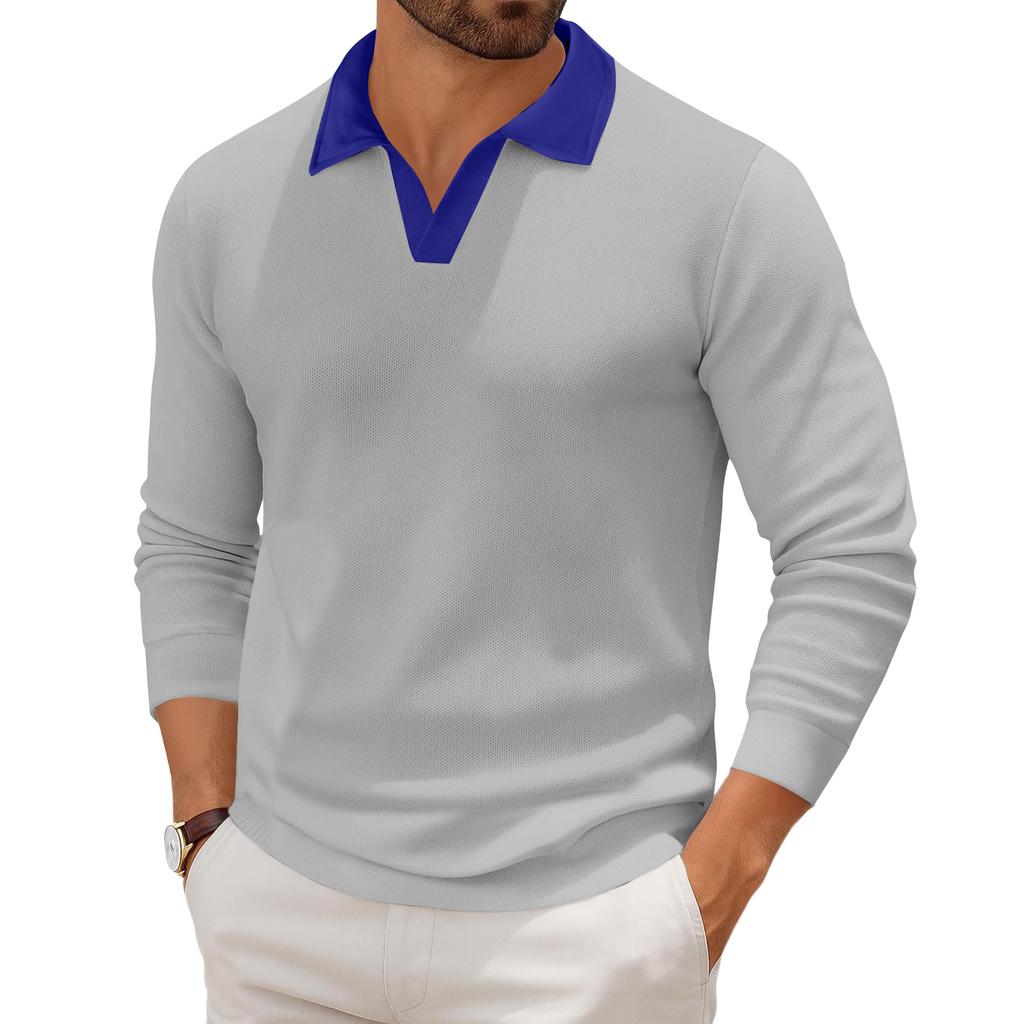 Мужской повседневный трикотажный базовый топ с длинным рукавом и воротником в стиле колор-блок