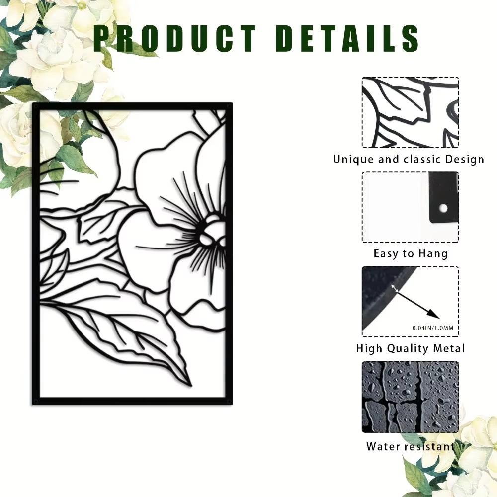 3-Piece Pear Flower Metal Wall Art Set - Black Square Modern Sculptures | Stylish Home Decor for Office, Kitchen, and Bathroom