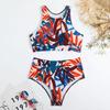 High-Waisted Nylon Swimsuit Set with Sublimation Print and Chest Pad