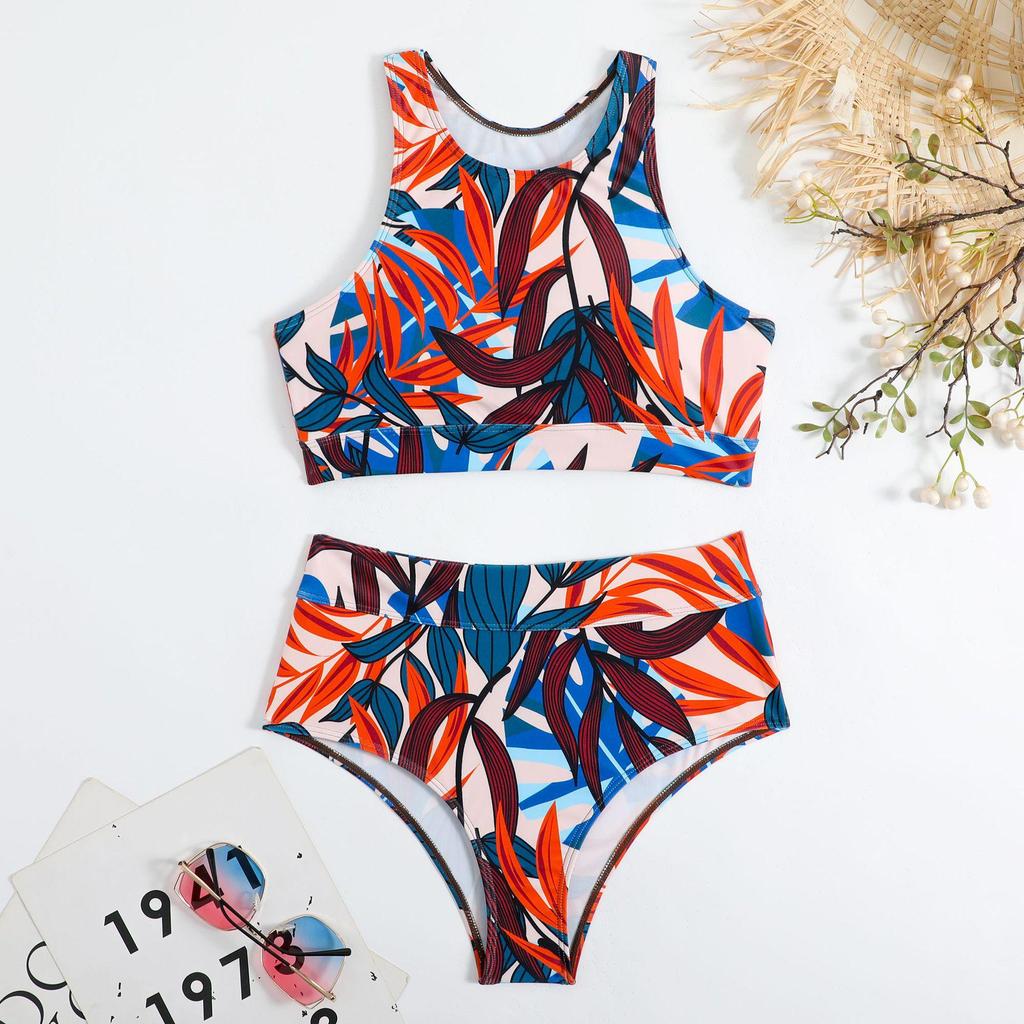 High-Waisted Nylon Swimsuit Set with Sublimation Print and Chest Pad