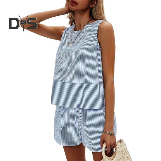 Женские летние комплекты из 2 предметов: майка без рукавов, шорты, повседневные полосатые спортивные костюмы, комплект для отпуска на пляже