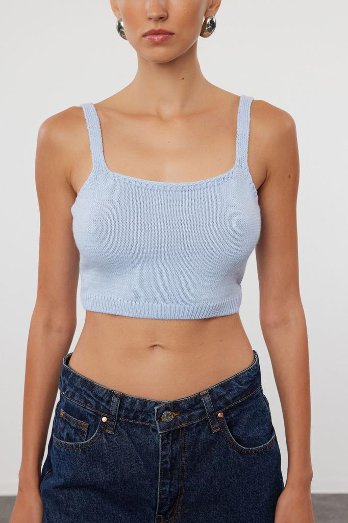 Women's Fashionable Stylish Cardigan Blue Button Detailed Openwork Perforated Blouse-Cardigan Set