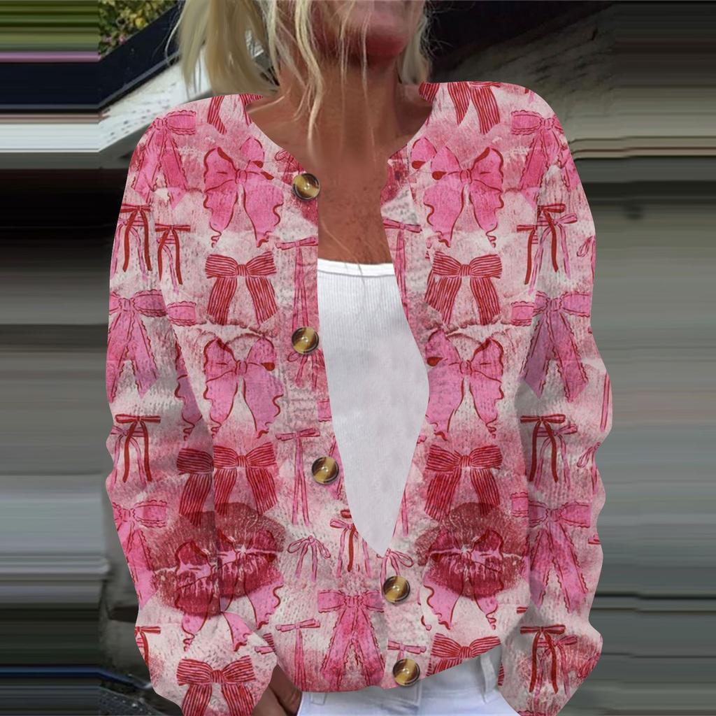 Женская мода с принтом банта, длинный рукав, вязаный кардиган, куртка на пуговицах
