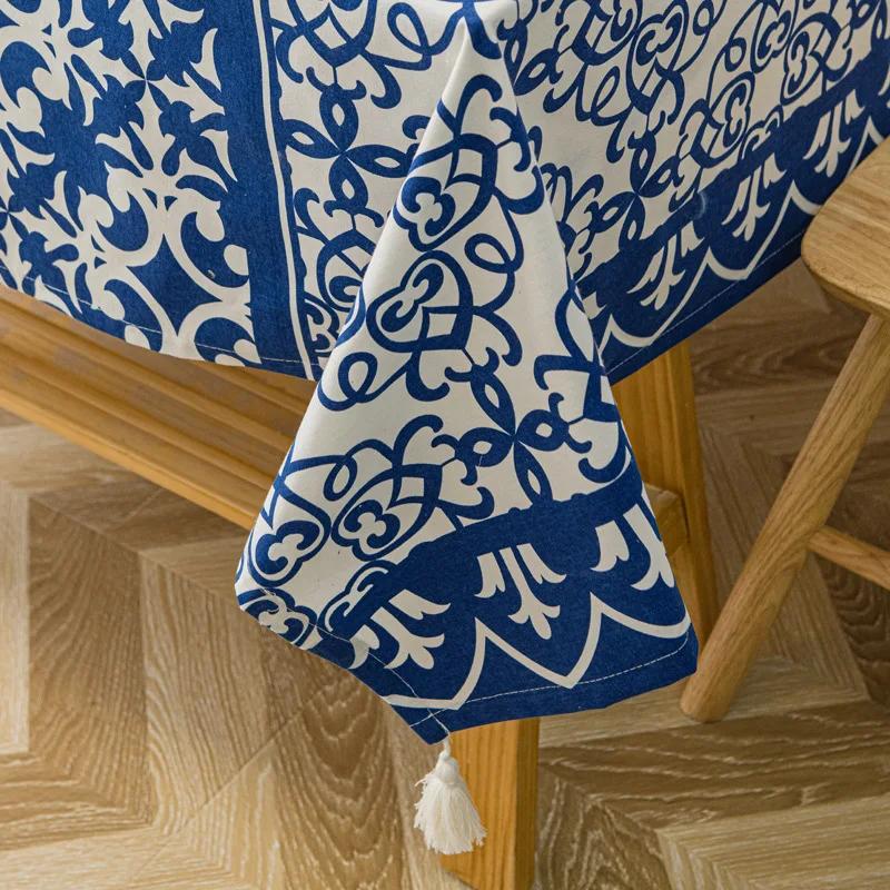 Blue and White Porcelain Patterned Rectangular Tablecloth Chinese Style Floral Table Cover Cotton Dustproof Tabletop Cover