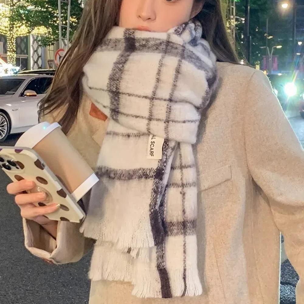 Длинный клетчатый вязаный шарф Теплая шаль с кисточками Корейский стиль Унисекс Утепленный шарф Зима