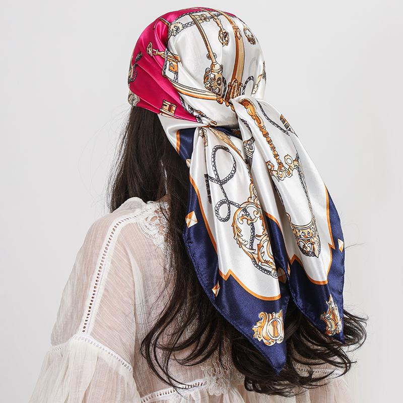 Luxury Brand 90cm Square Silk Scarf Women Shawls Wraps Hijab Scarves Print Kerchief Femme Head Scarf Foulard Bandana Beach Pareo