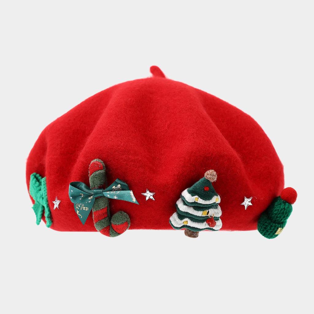 Женский шерстяной берет с бантом - Корейский стиль Красная Рождественская Зимняя шляпа