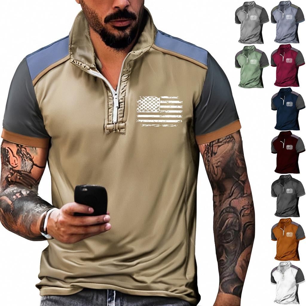 Летняя новинка для мужчин, повседневная рубашка с воротником-стойкой и короткими рукавами, подходящая по цвету, с полумолнией