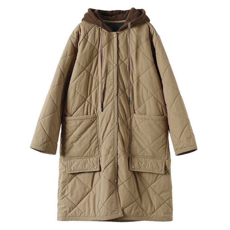 Vintage Thick Hooded Padded Jacket Women New Spring Autumn Parkas Casual Mid-Length Warm Cotton Coat Female Loose Overcoat