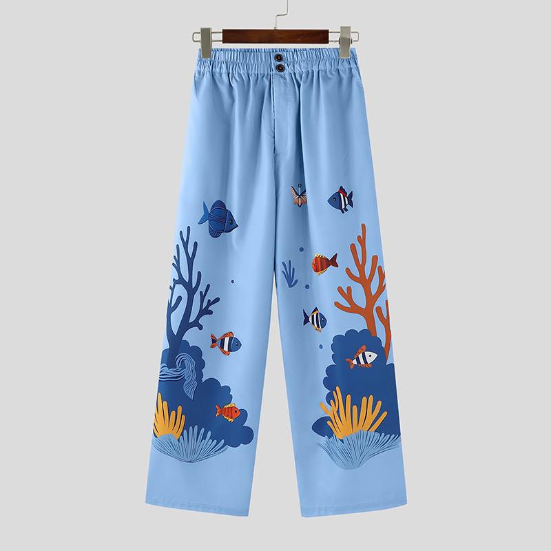 INCERUN Мужские повседневные свободные длинные брюки с принтом и эластичной талией, с карманами