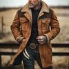 Men's Brown Long Coat with Faux Fur Collar, Two Front Pockets, Metal Buttons, Soft and Warm Outerwear