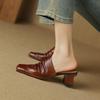 Мода 2025 Лето Новая Натуральная Кожа Ретро Полу-драг Мюли Женские Женские Высокий Каблук Квадратный Носок Повседневная Обувь Женские Шлепанцы