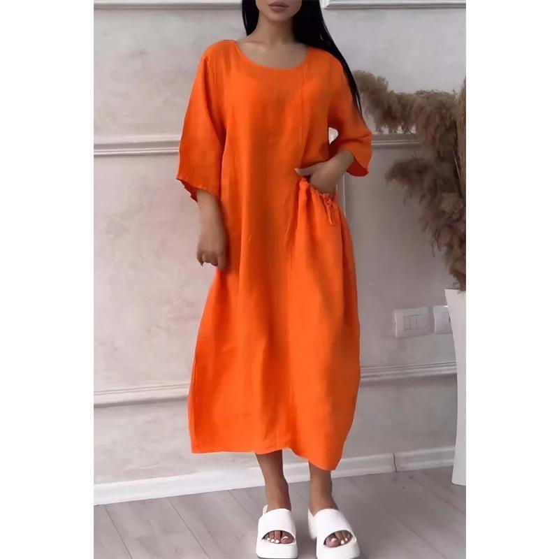 Женское платье размера плюс, однотонное повседневное длинное платье с круглым вырезом и пуговицами