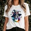 Boston Terrier Witch Hat With Flying Bats T-Shirt, Spooky Dog Halloween Graphic Top, Cute Pet Costume Party Trendy Gothic Autumn Fashion Tee
