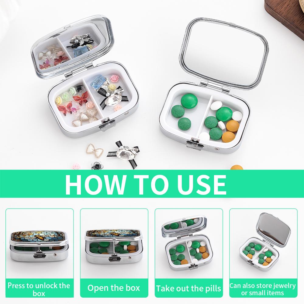 Portable Pill Box with 2 Compartments, Mini Metal Medicine Organizer Case, Cute Printed Pill Container for Vitamins, Pills, Jewelry, Travel, Daily Use