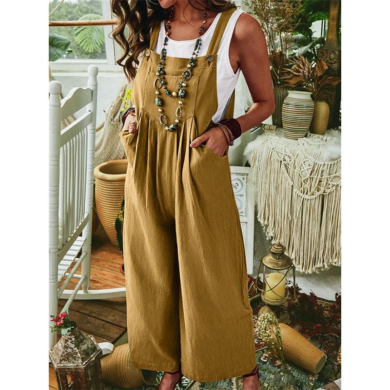 Summer Women's Jumpsuit Thickened Ramie Cotton Solid Color Sleeveless Casual Wide Leg Side Buckle Jumpsuit