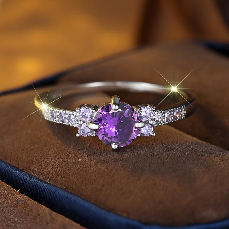 Cute Purple Cubic Zirconia Ring Wedding Accessories 925 Sterling Silver Promise Ring Women's Anniversary Gift Charm Jewelry