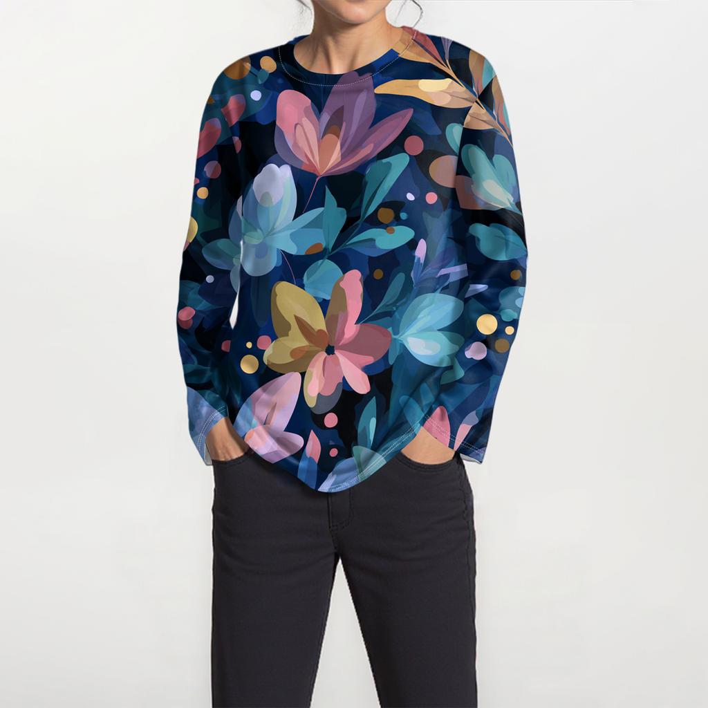 Women's Fashion Hem Slit Casual Retro Floral Print Round Neck Long Sleeve Top