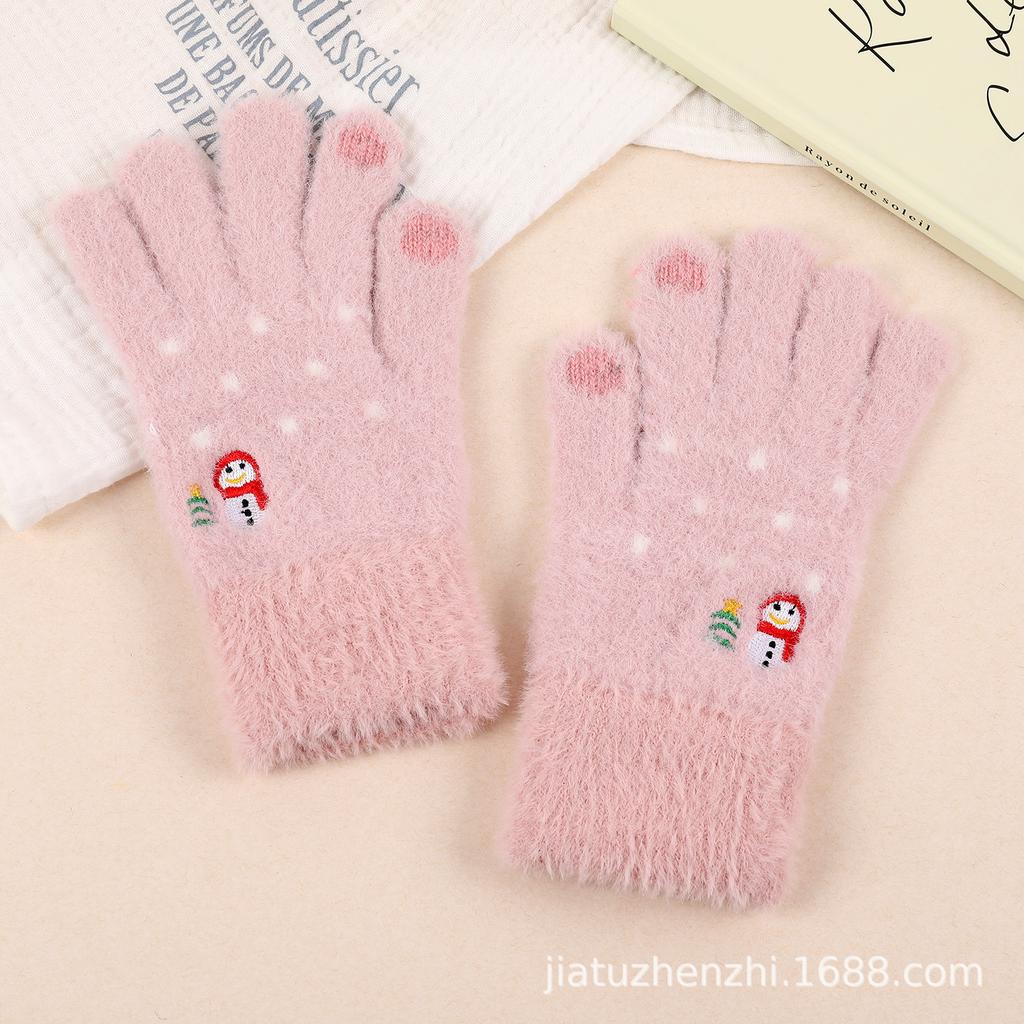 Korean Touchscreen Christmas Aesthetic Cute Snowman Embroidered Plush Gloves Women Winter Fleece Warm Gloves