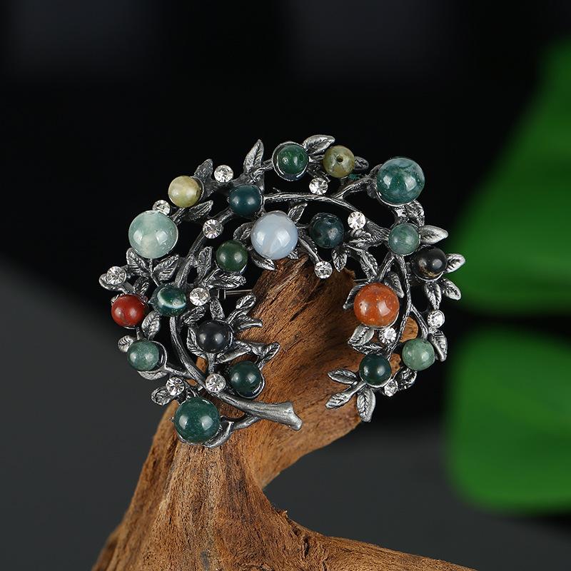 Retro Natural Agate Brooch High-end Classical Temperament Literary and Versatile Plant Pin Coat Cardigan Corsage Accessories