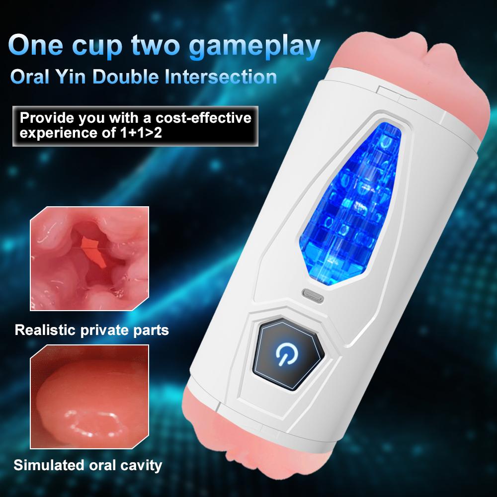 Male Stroker Double Ended Masturbation Cup Pocket Pussy Vibrator Lifelike Vaginal Mouth Tongue Blowjob Adult Sex Toys for Man