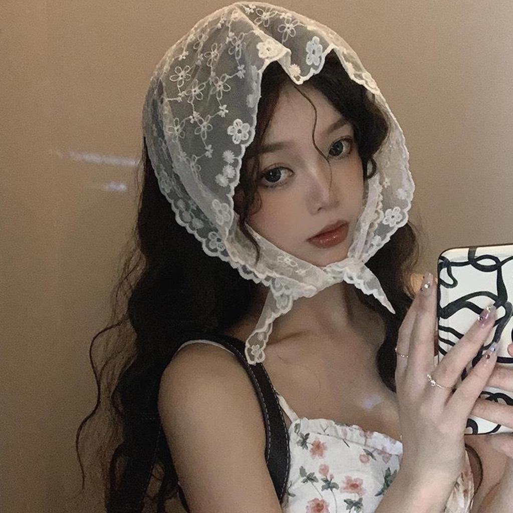 Korean Fresh Style Neckerchief Sweet White Lace Headband Turban Small Scarf Thin Flower Triangle Hair Band Girls Headdress