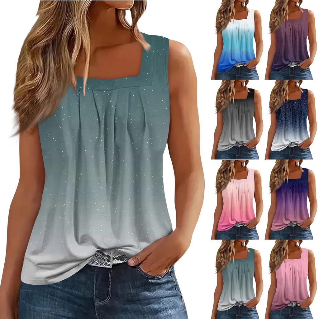 Women's Pleated Square Collar Sleeveless Vest Print T-shirt