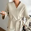 Women's Casual And Fashion V-Neck Strapped Long Sleeve Solid Color Coat