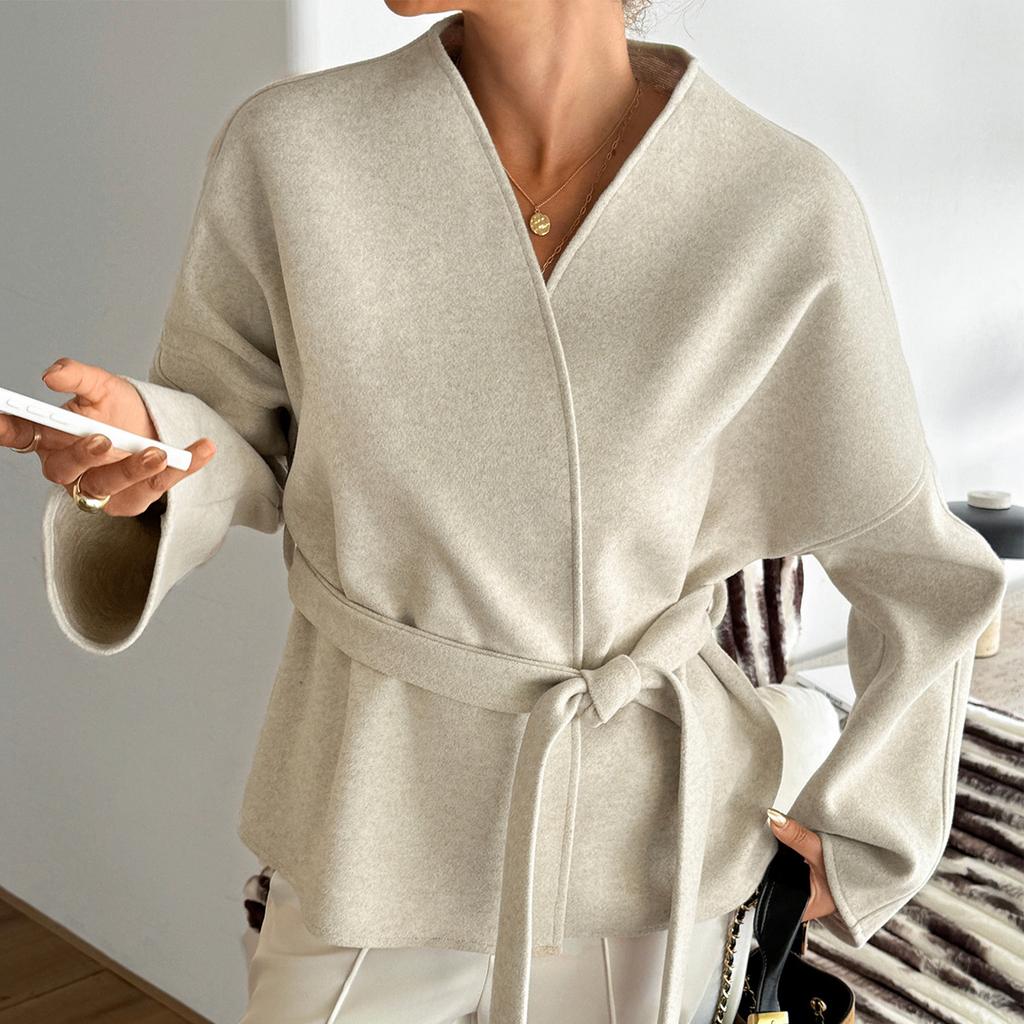Women's Casual And Fashion V-Neck Strapped Long Sleeve Solid Color Coat