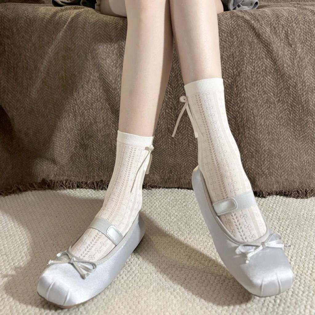 Lolita Lace Frill Mid-Calf Socks with Bow Ribbon - White Ballet Style JK Knee-Highs for Spring & Autumn
