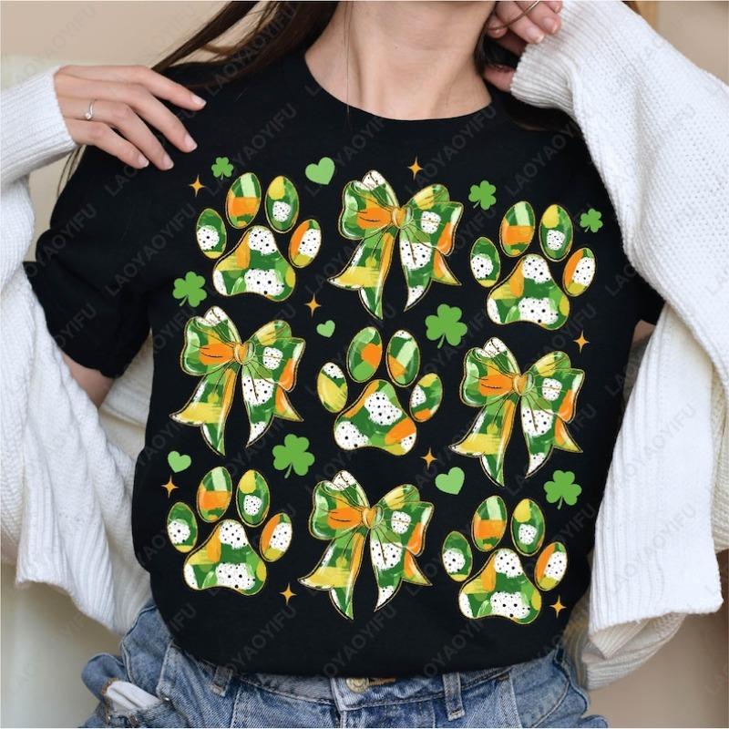 St Patricks Day Dog Paw Print Casual Unisex Oneck Printed Tops Fun Shamrock Clover Cute Cotton Shirts Dogs Lover Women Clothes