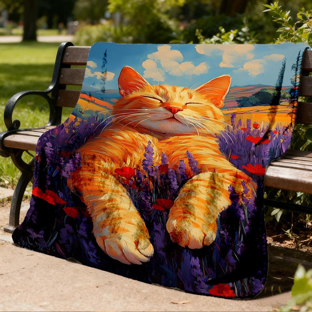 1pc Lavender Field Cat Print Outdoor Soft Polyester Flannel Throw Blanket Versatile for All Seasons , Soft , Cozy , Warm All Season Quilted Throw ,