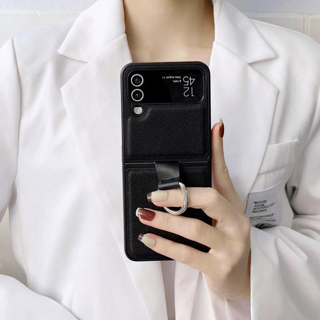 Чехол-кольцо с кожаным узором для Samsung Z Flip7/6/5 - Защита от падений, Однотонный, Чехол для складного телефона