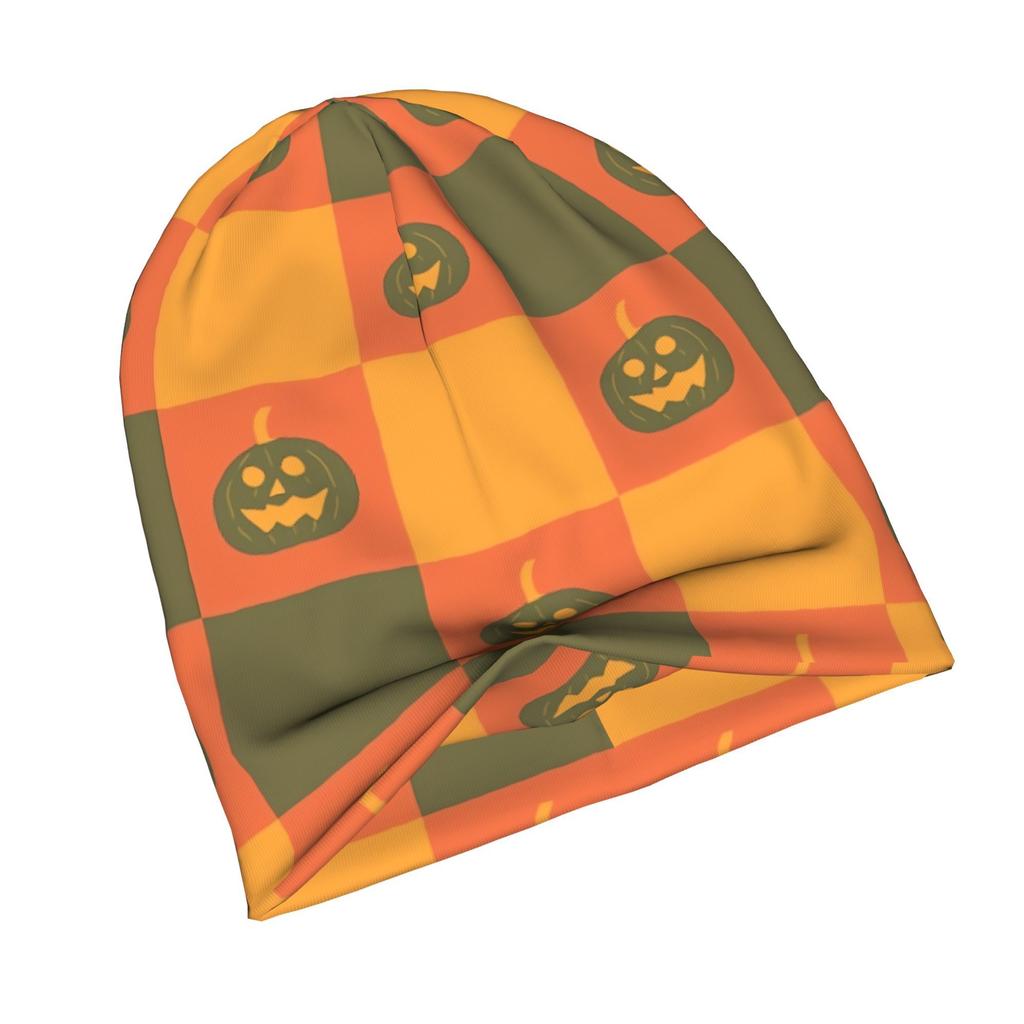 ZLIENSZUS Adult Pumpkin Checkerboard Beanie Hat - Bright Orange & Khaki Green Fall Winter Warm Suitable for Streetwear, Layering, Layered Outfits, Tan
