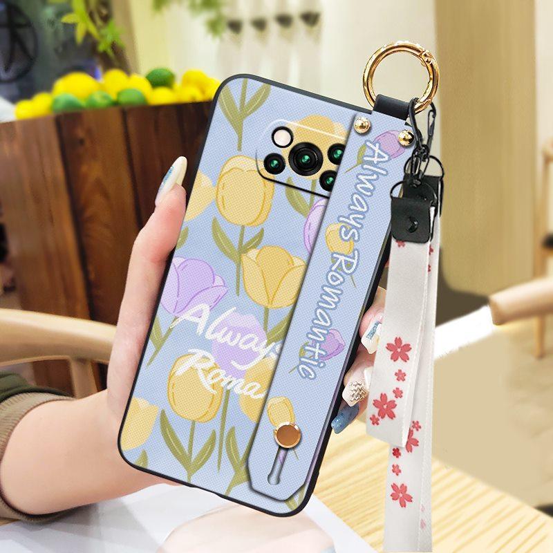 Anti-knock Protective Phone Case For Xiaomi Poco X3 NFC/X3 Pro Durable Oil Painting Phone Holder Wrist Strap Flower Ring