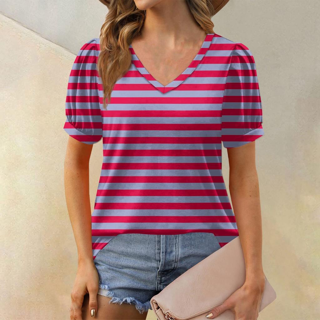 Women's Fashion Striped Printed Top Puff Short Sleeve V-neck T-shirt Loose Casual T-shirt