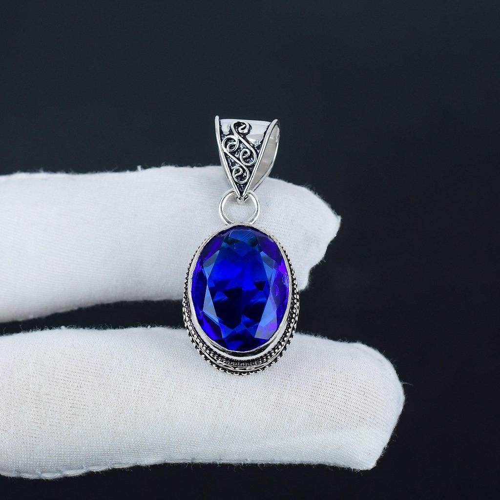 Dainty Blue Sapphire Gemstone Silver Pendant In 925 Sterling Silver - Handmade Oval Design, Everyday Wear Jewelry Party Wear Gift