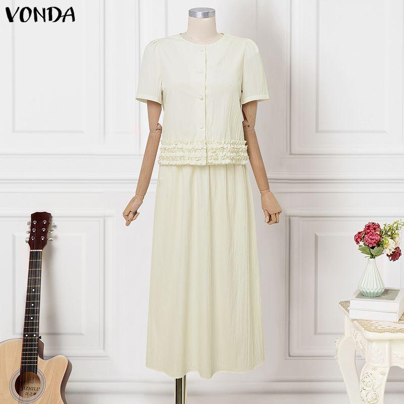 VONDA Женские наряды Блузка с коротким рукавом и рюшами и юбки Повседневный костюм из двух предметов Элегантные комплекты