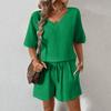 2 шт./комплект женский повседневный наряд V-образный вырез короткий рукав футболка эластичный пояс шнурок широкие шорты комплект однотонная ткань морщинки