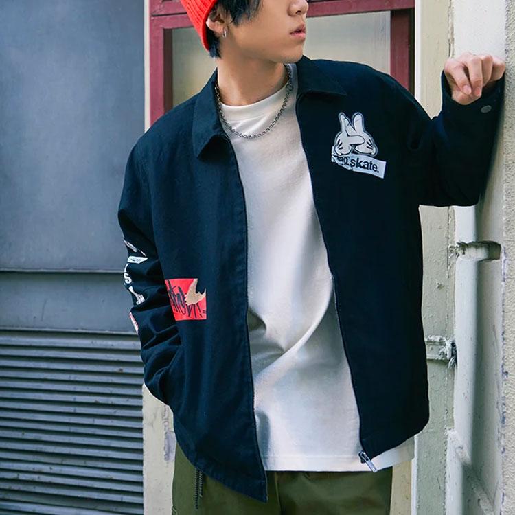 Li Ning X Og_Slick Collaboration Skateboard Series Cartoon Pattern Printed Freeneck Cotton Jacket Winter Men Jacket Black AJMS017-2