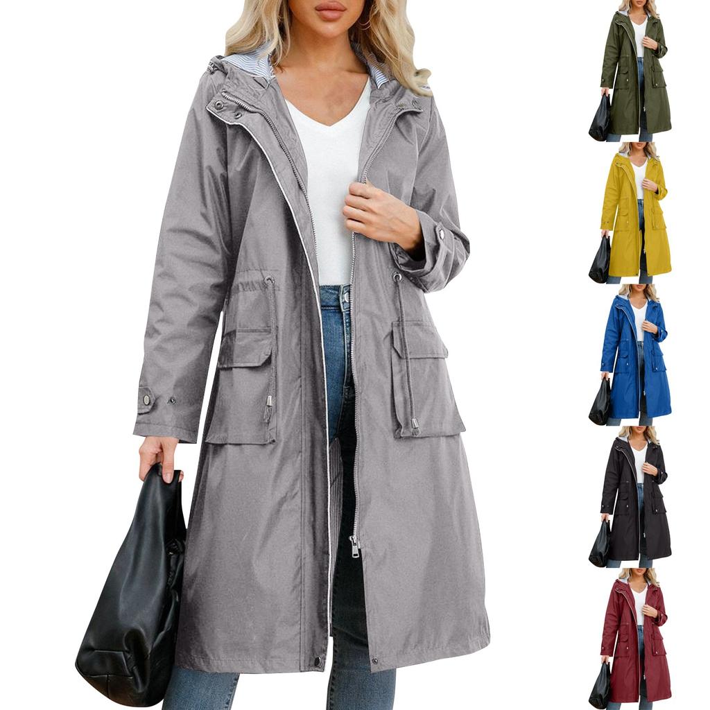 Women's Solid Colored Hooded Long Sleeved Trench Coat With Striped And Straight Tube Jacket