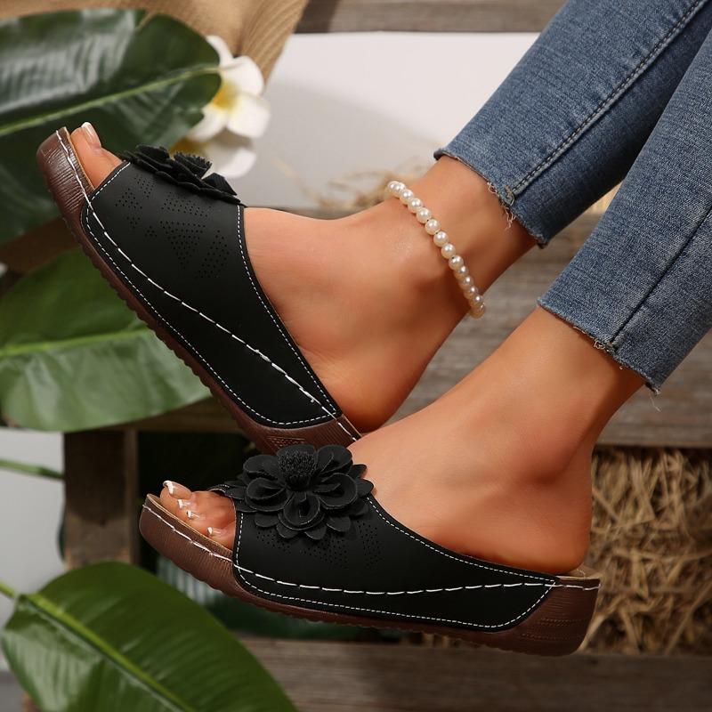 Женская обувь с открытым носком, женские тапочки, повседневные тапочки для улицы, женские сандалии с цветочным принтом и круглым носком на танкетке и платформе больших размеров