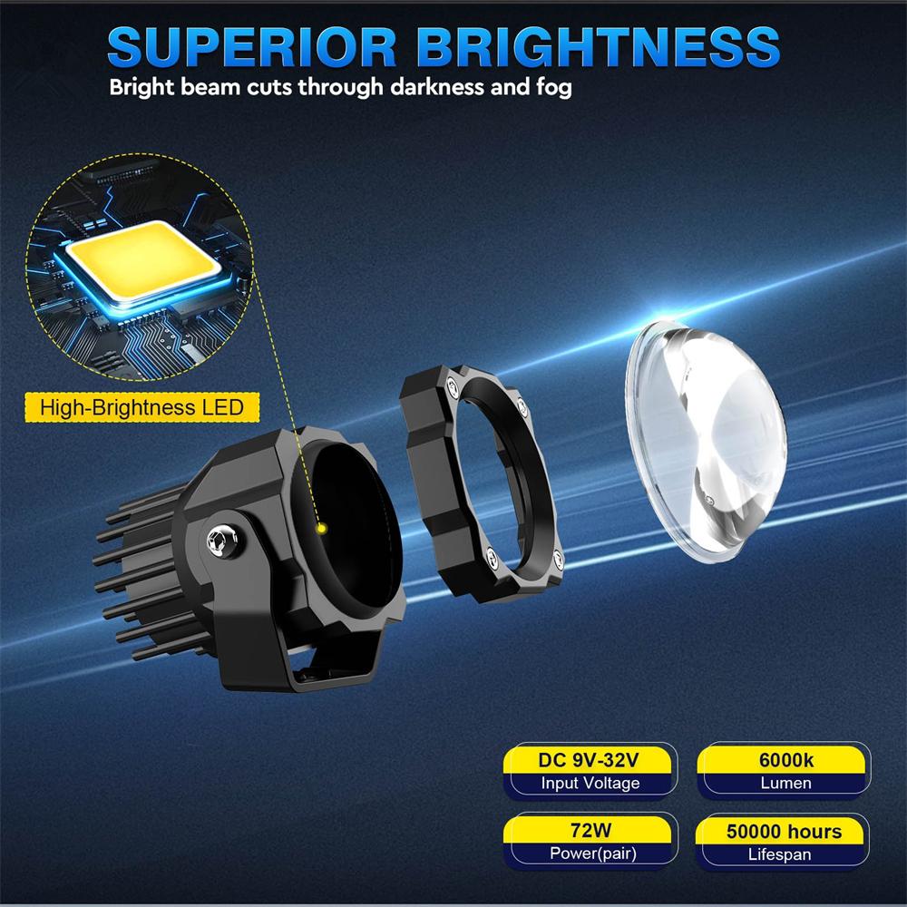2x 3" 72W LED Light Pods Truck ATV UTV Offroad Driving Fog Lamp Spot Flood Beam
