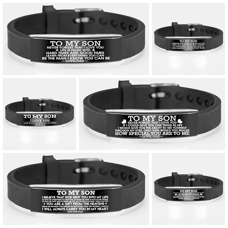 Вдохновляющие браслеты с гравировкой «Моему сыну», черные подвески из нержавеющей стали, регулируемый браслет, мужские ювелирные изделия, подарки для любви