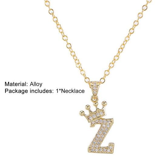 Letter Necklace Rhinestone Crown Letter Pendant Adjustable Chain Women Necklace
