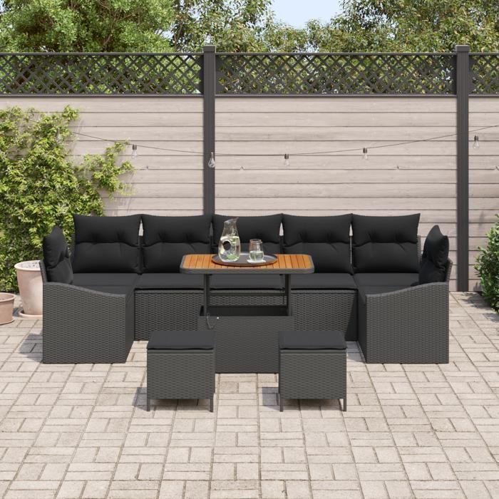 Ensemble de Canapé de Jardin de 10 Pièces avec Coussins Noir Rattan Poly Acacia, Canapé de Jardin 2 Places avec Coussins 3362639